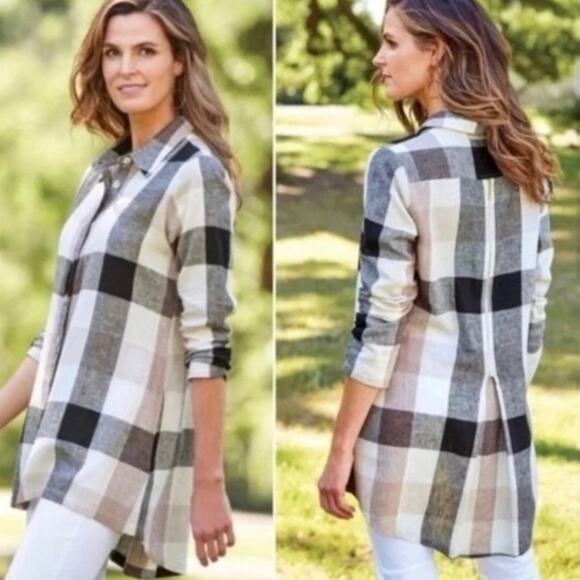 Soft Surroundings Medium Linen Blend Plaid Blouse button up Zipped Back #2BU60 - Picture 2 of 9